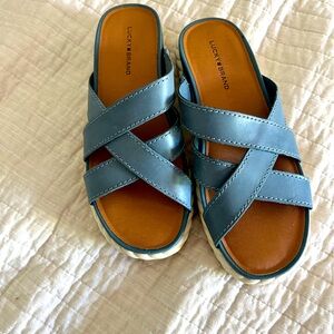 Lucky brand blue leather slide on sandals. Size 8